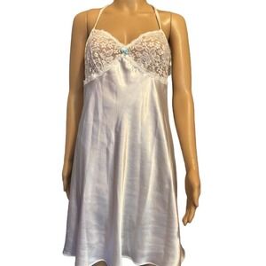 Lace Trimmed White Satin Halter Mini Dress Lingerie